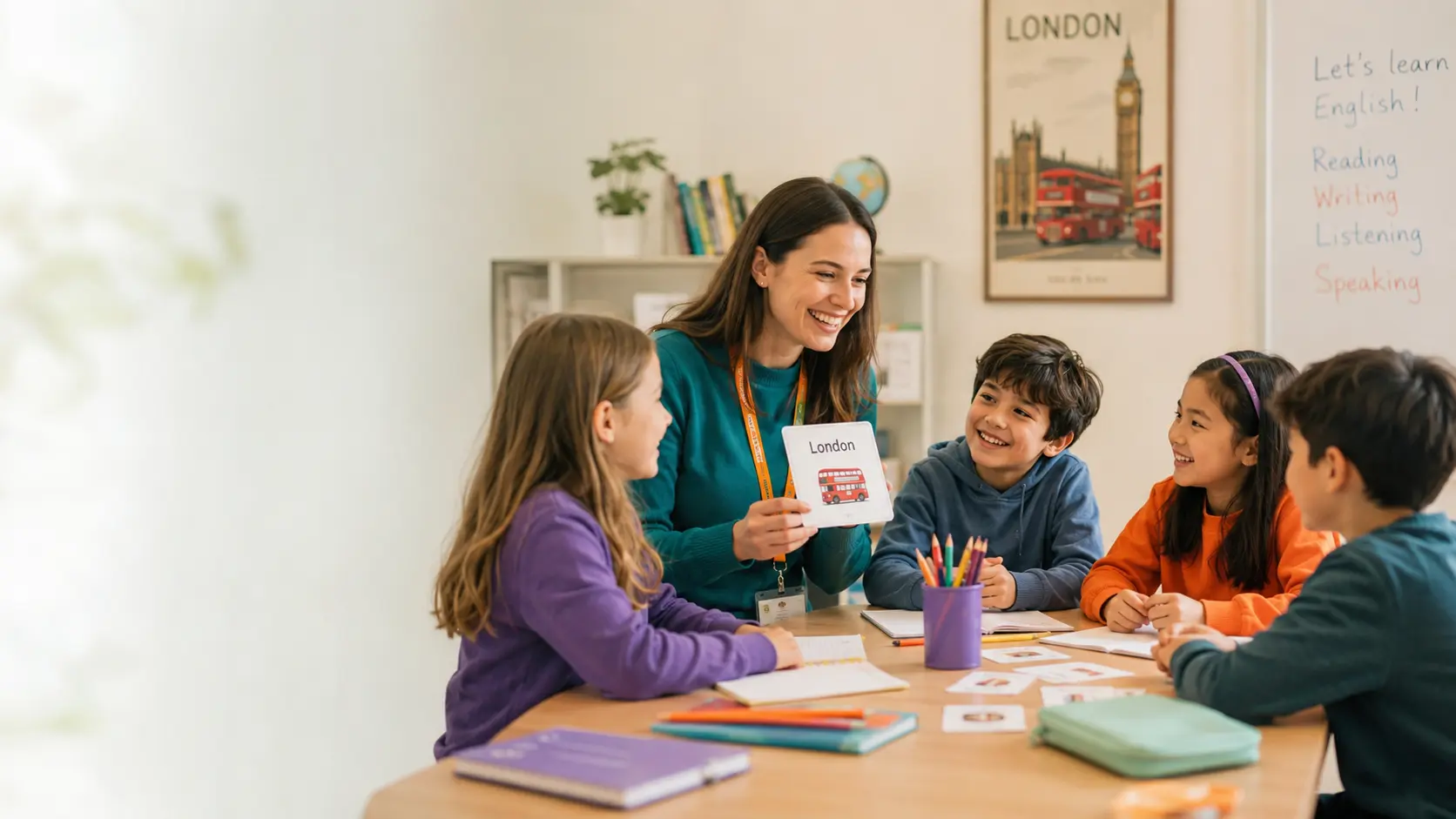 Enfants en mini-groupe pendant un cours d’anglais Cambridge English avec une enseignante